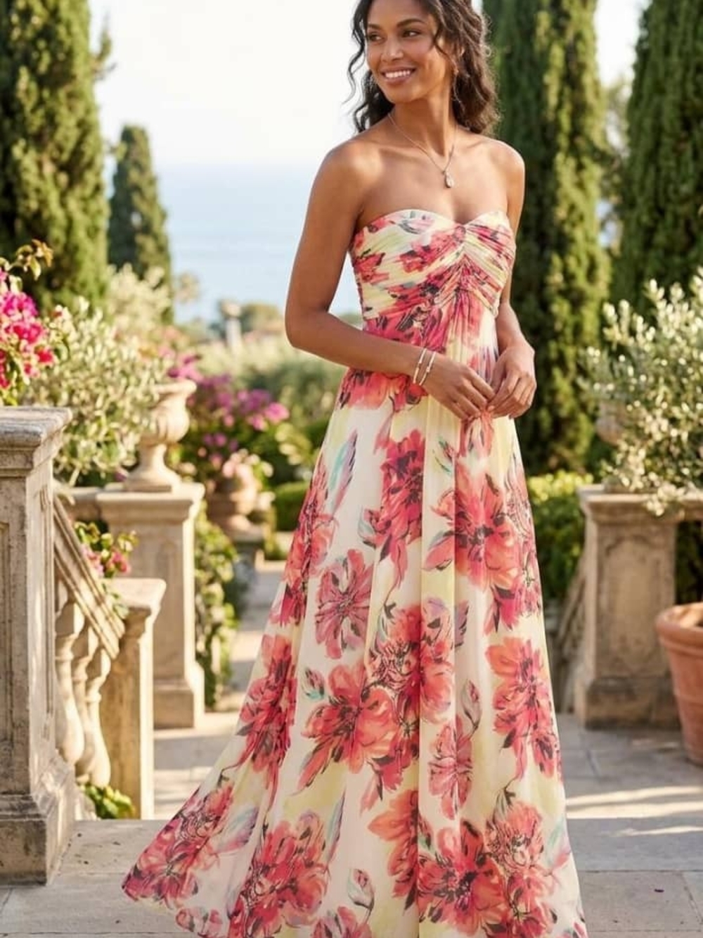 Donna Morgan Strapless Floral Maxi Dress in Coral Pink and Cream • Size(00-0)